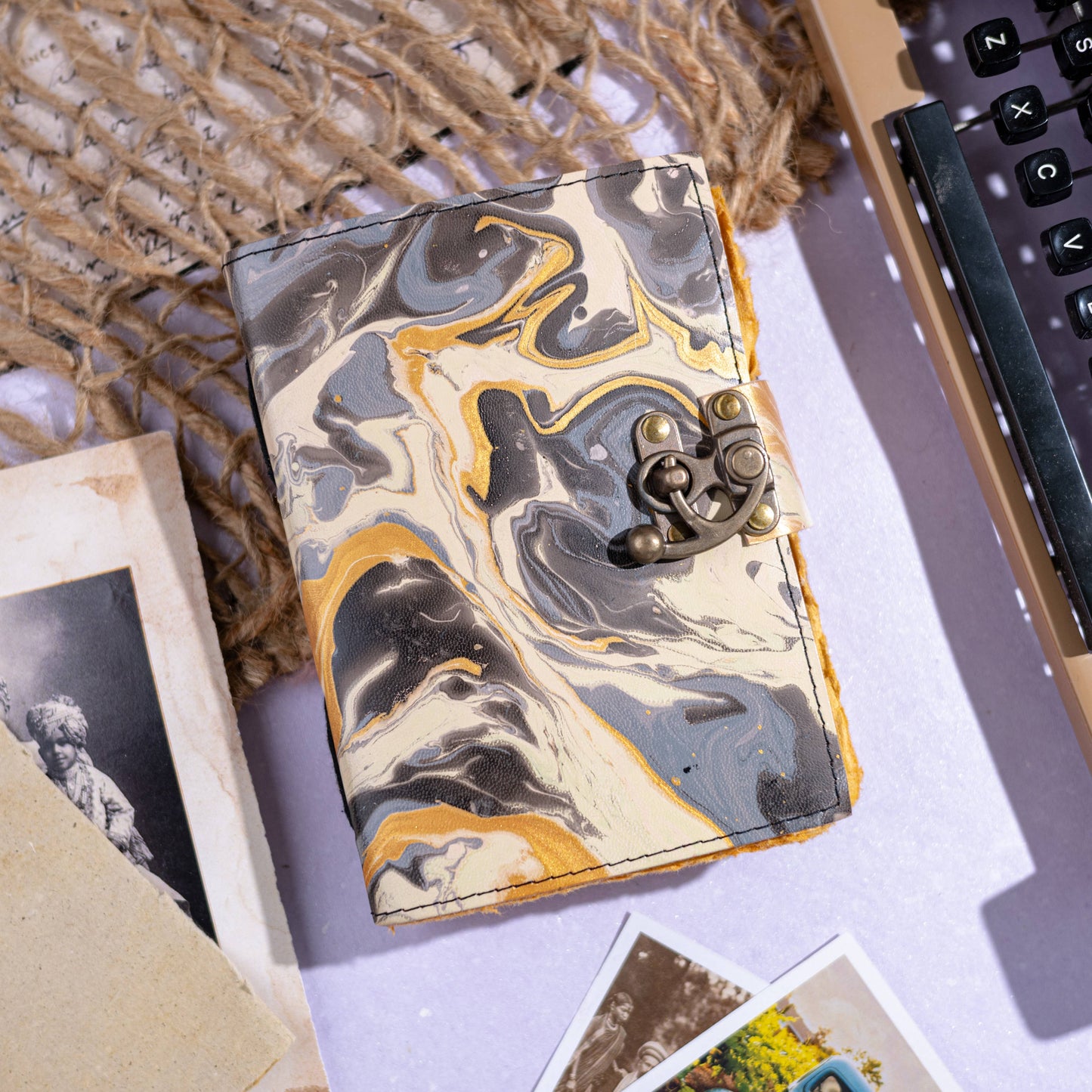 Vintage Leather Journal Notebook with Hand Marble Print