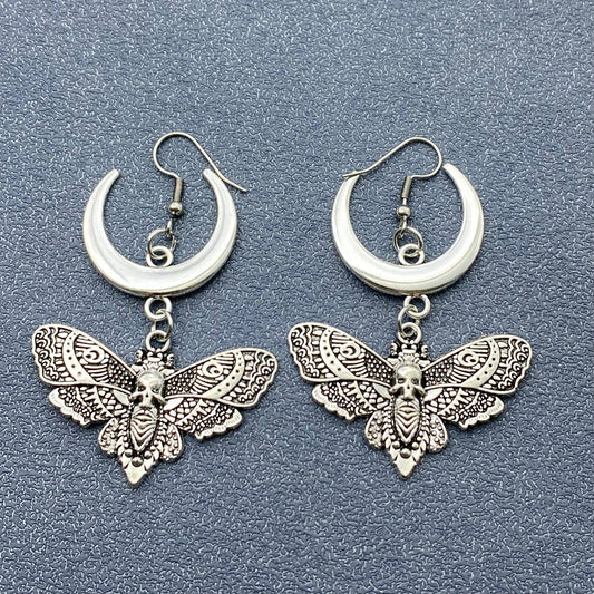Gothic Style Moth & Moon Dangle Earrings - GT