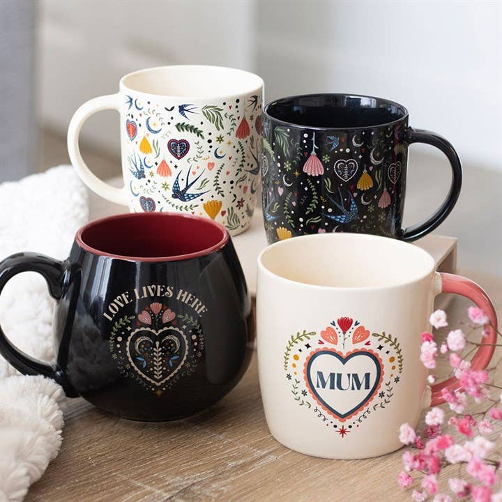 Black Midnight Bloom Folk Floral Print Mug