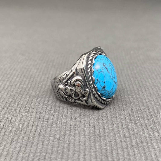 Turquoise Inlaid Skull Men's Stainless Steel Ring - MJ/MR