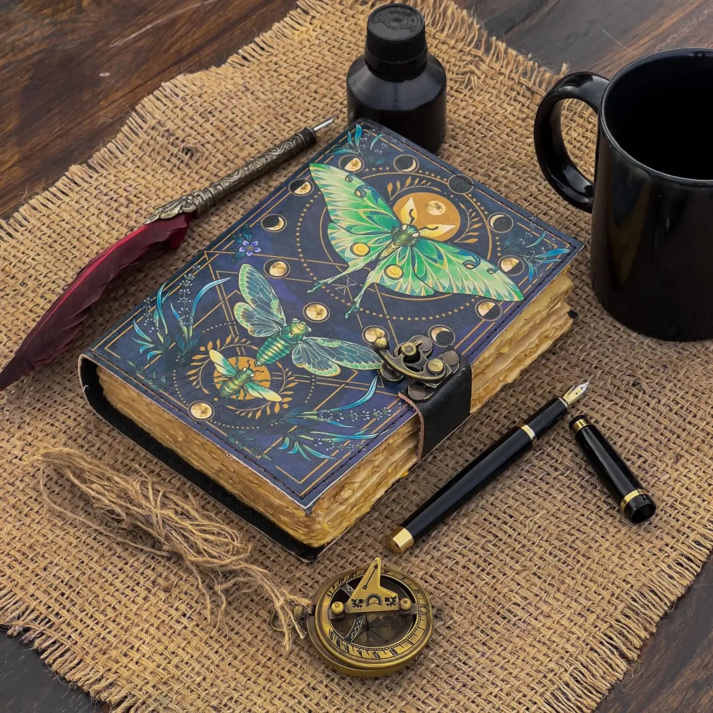 Vintage Leather Journal Notebook with Butterfly Print