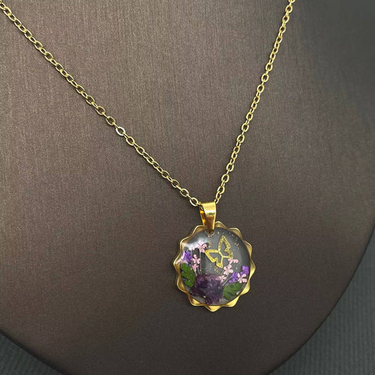 Dried Flowers Geometric Charm 18K Golden SS Necklace - PDF: B