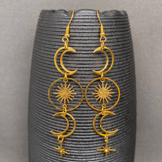 Golden Hollow Moon Star Dangle Earrings