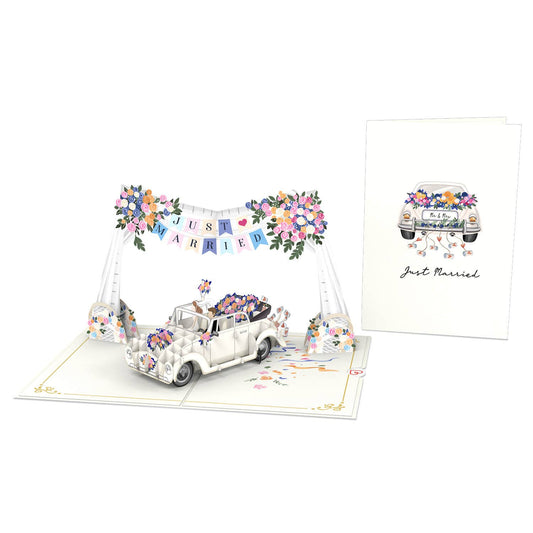 Wedding car with "Just Married" garland pop-up card