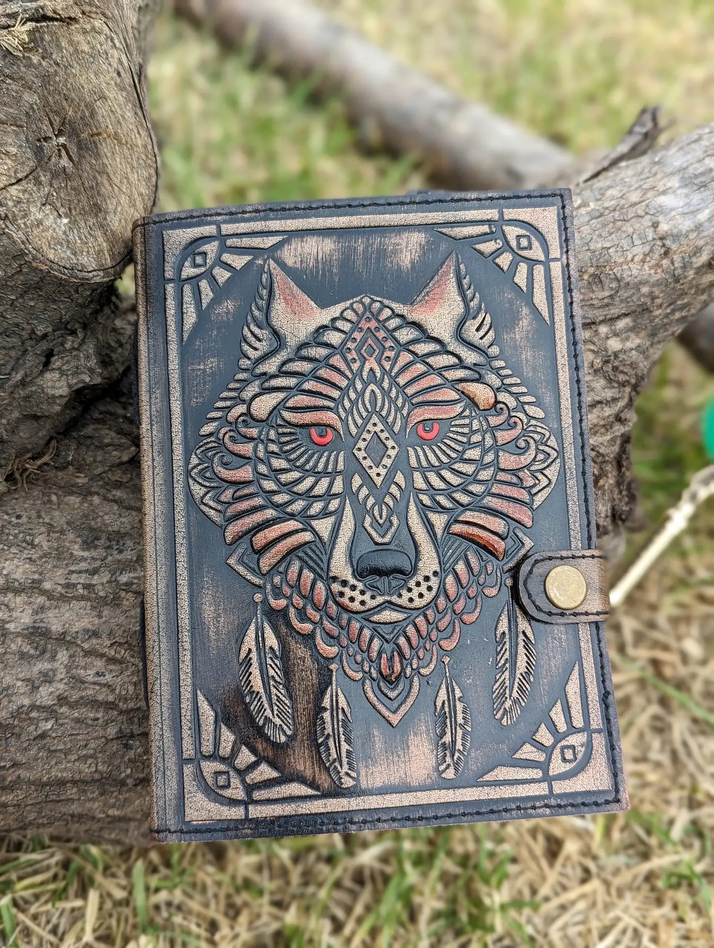 Wolf Embossed Leather Journal diary with 200 Deckle pages