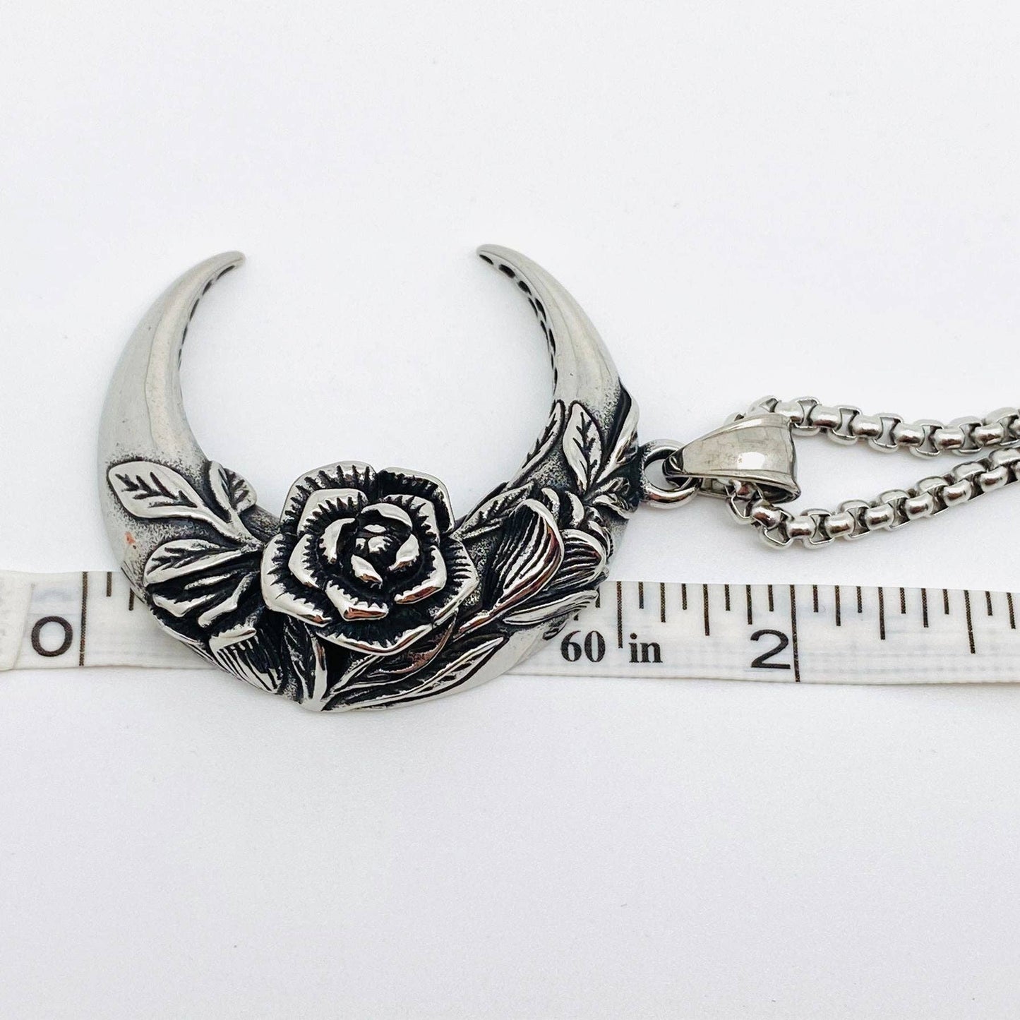 Rose Crescent Moon Charm Stainless Steel Necklace -MJ/MNP/MS: Pendant + chain