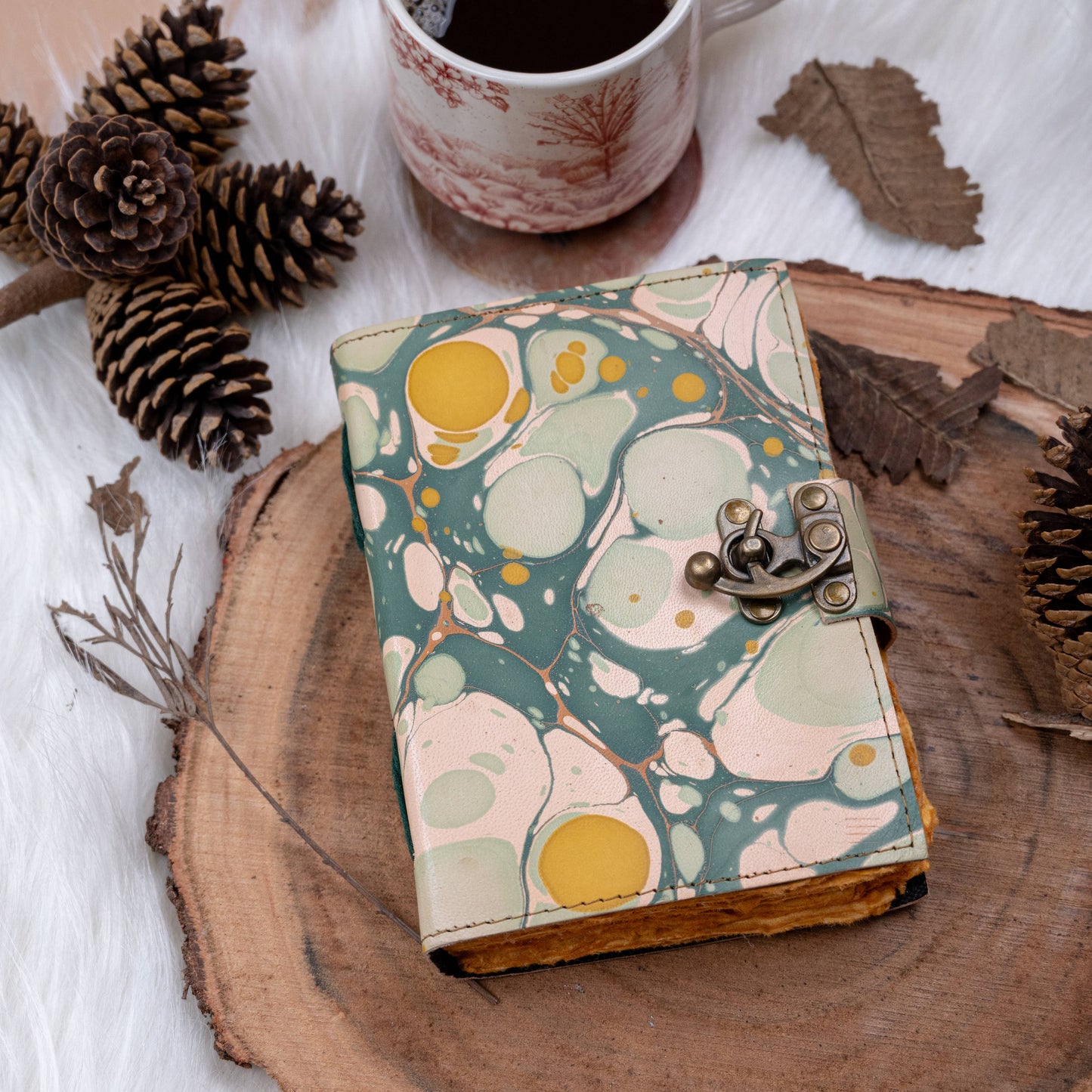 Vintage Leather Journal Notebook with Hand Marble Print