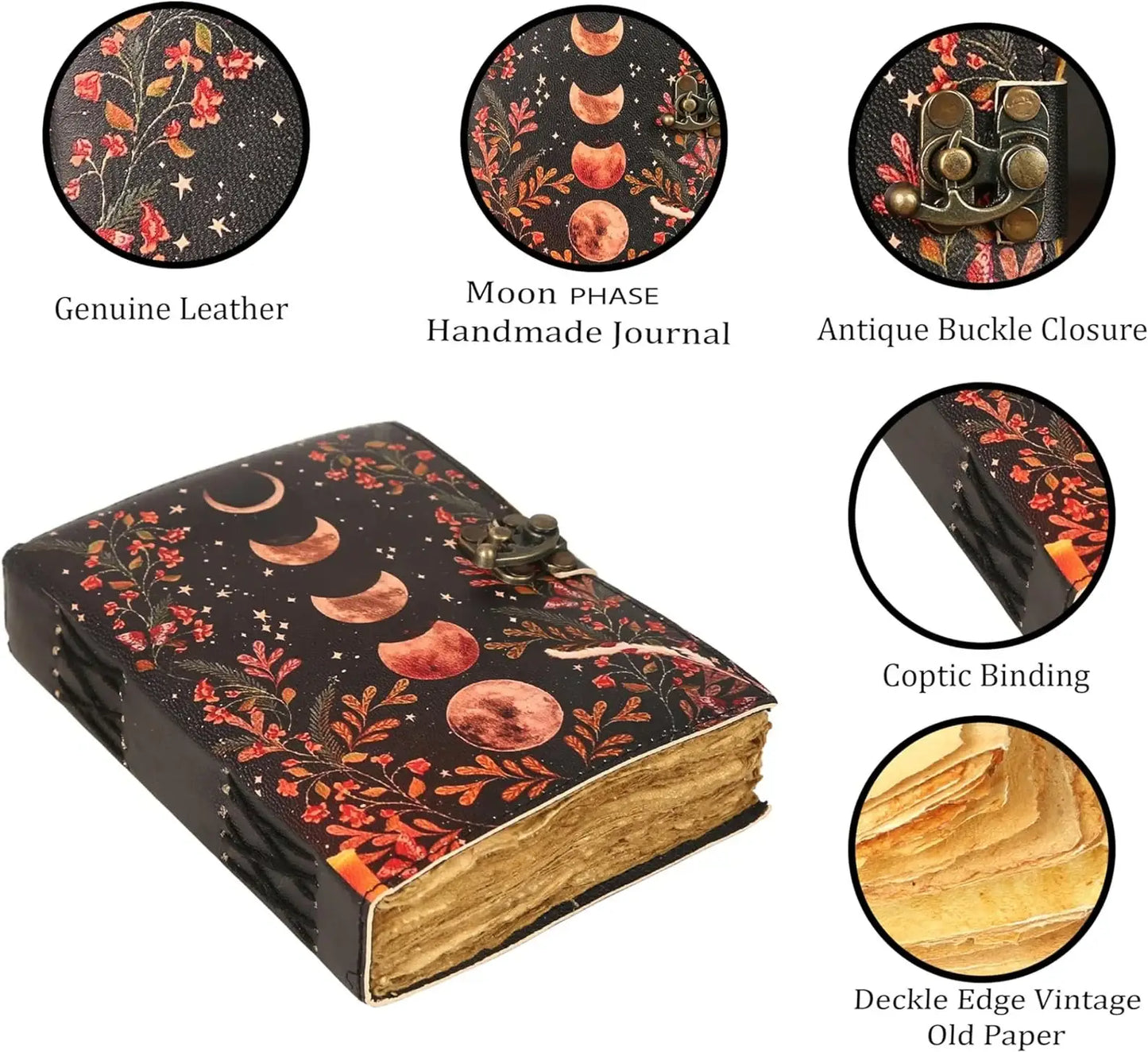 Vintage Leather Journal Notebook Diary with Moon Print