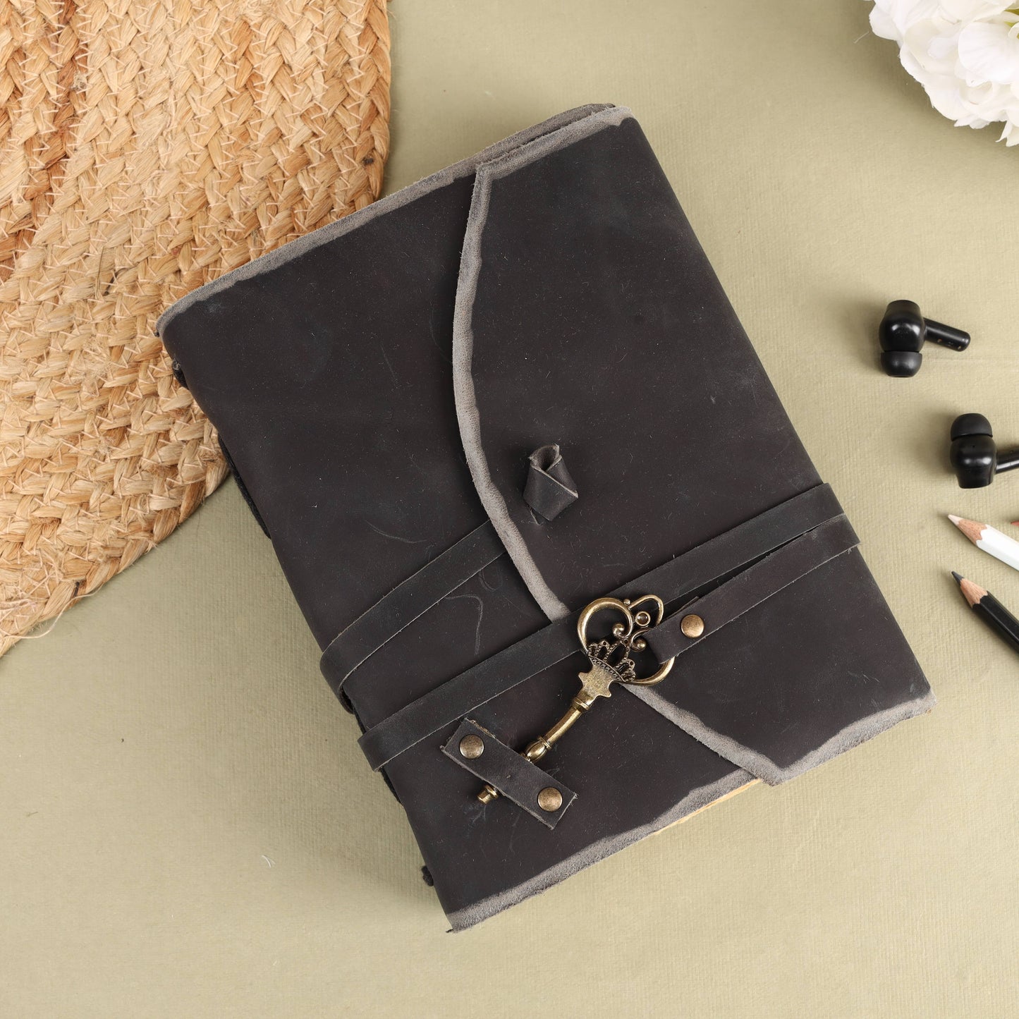 Vintage Leather Bound Grimoire Journal with Key 6*8 Size