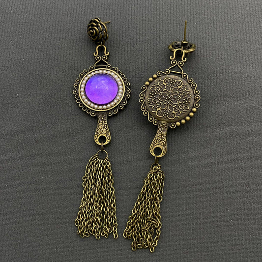 Vintage Chain Fringe Purple Glazed Mirror Dangle Earrings