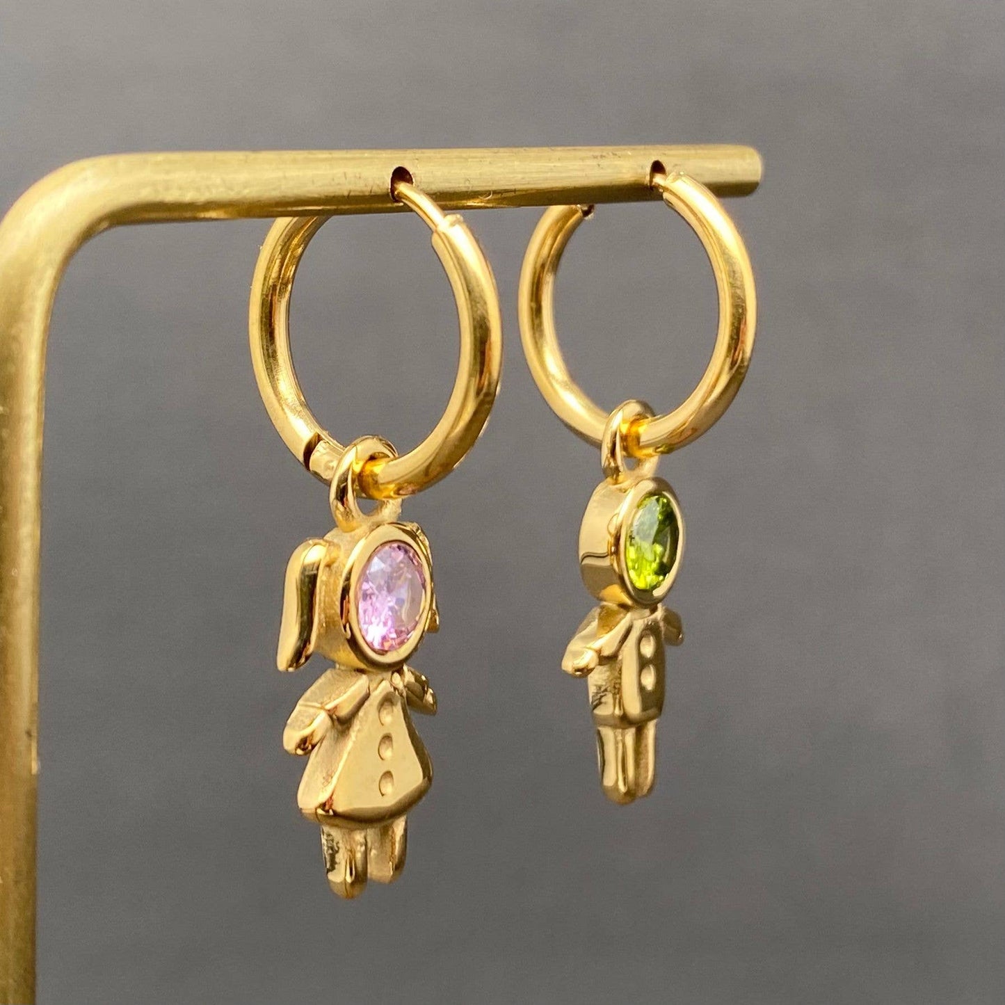 Zircon Inlaid Boy and Girl 18K Golden SS Huggie Earrings - FGS