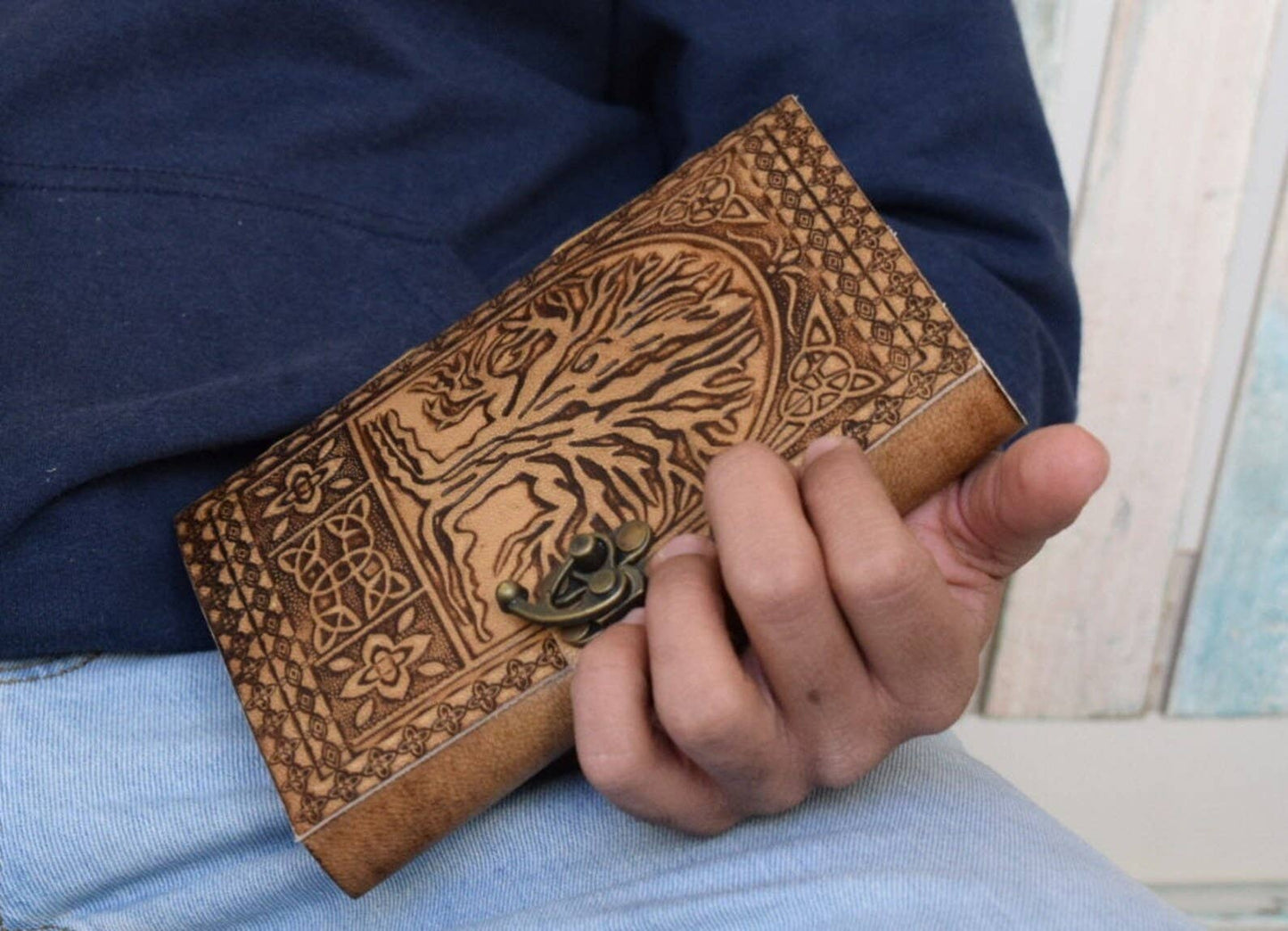 Tree Embossed Leather Journal diary with 200 Handmade pages