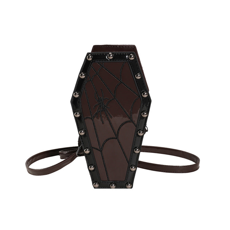 Gothic Coffin Shaped Crossbody Bag For Women Rose Embroidery Spiderweb Pattern Rivet Punk Style PU Leather Shoulder Bag