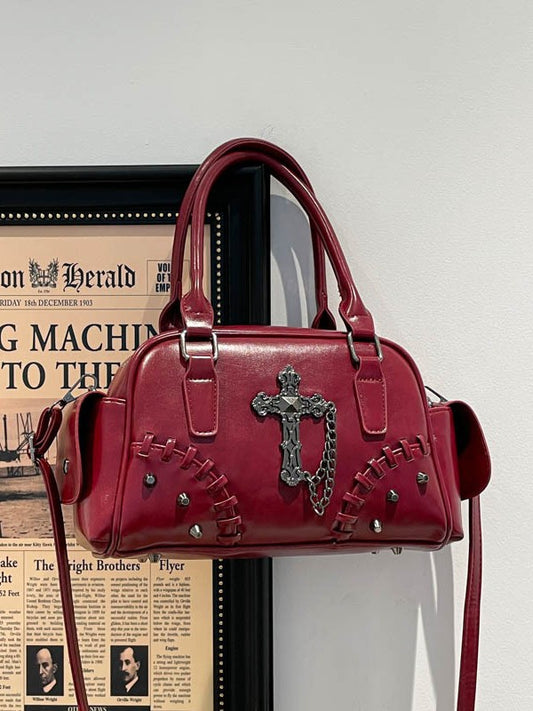 Vintage Gothic Punk Cross Chain Boston Bag Women PU Leather Shoulder Bag Retro Streetwear Underarm Handbag Rivet Satchel