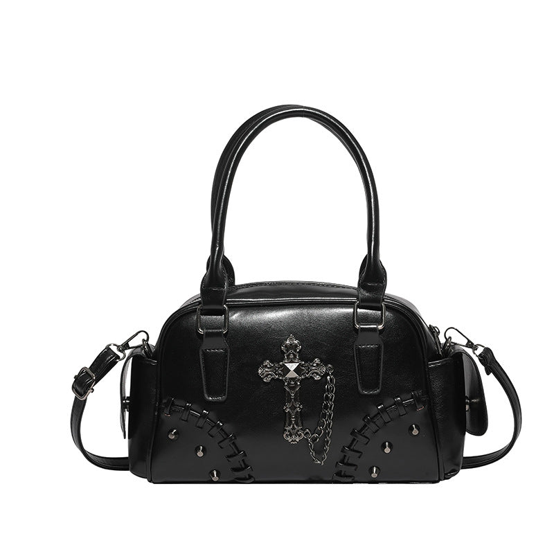 Vintage Gothic Punk Cross Chain Boston Bag Women PU Leather Shoulder Bag Retro Streetwear Underarm Handbag Rivet Satchel