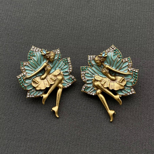 Vintage Rhinestone Enamel Fairies Stud Earrings
