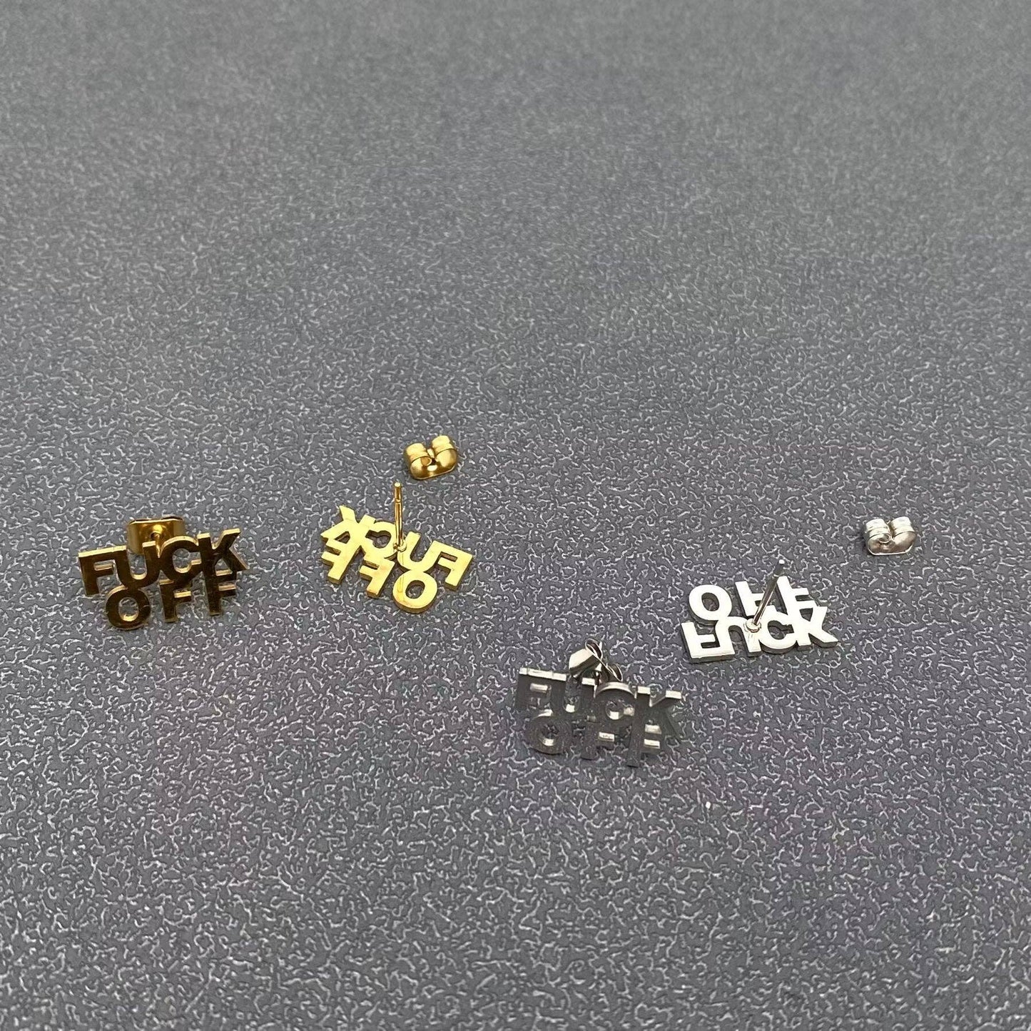 'FUCK OFF' Stainless Steel Ear Studs: Golden