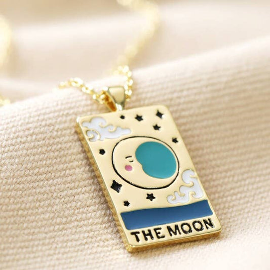 Enamel Moon Tarot Card Necklace in Gold