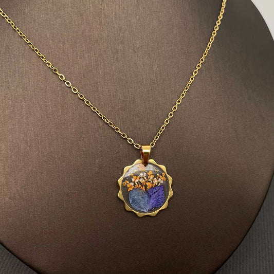 Dried Flowers Geometric Charm 18K Golden SS Necklace - PDF: A