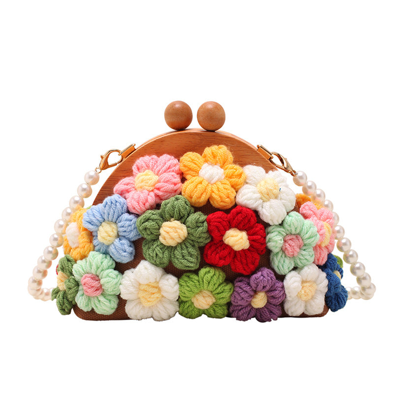 Handmade Knitted Flower Shell Bag With Wooden Clasp And Artificial Pearl Chain Strap Elegant Crochet Crossbody For Women