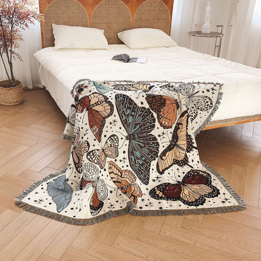 Butterfly Pattern Woven Throw Blanket Cotton Jacquard Bohemian Decorative Tapestry With Tassels For Sofa Bed Picnic