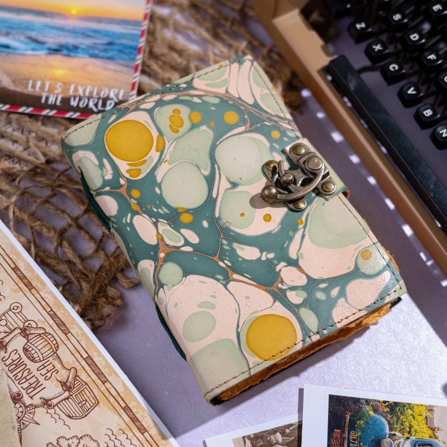 Vintage Leather Journal Notebook with Hand Marble Print