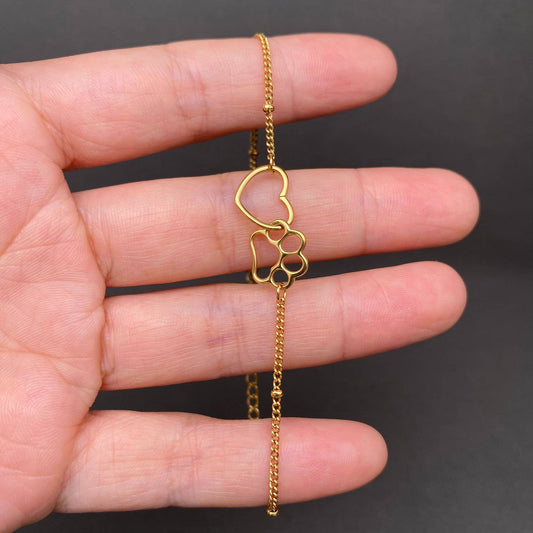 Armband mit hohlem Katzenpfoten- und Herz-Anhänger, 18 Karat vergoldet, Edelstahl