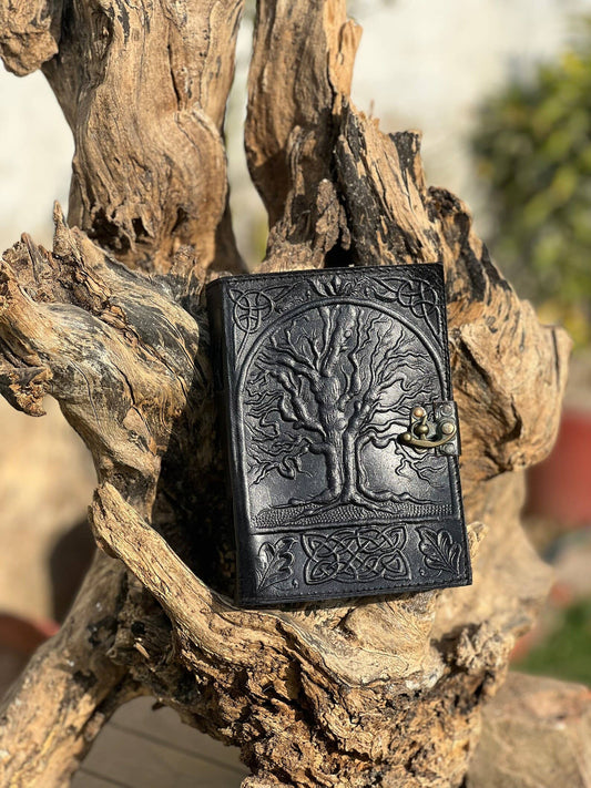 Tree Embossed Leather Journal diary with 200 Handmade pages  (Copy): Black