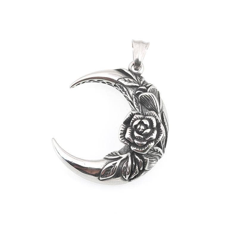 Rose Crescent Moon Charm Stainless Steel Necklace -MJ/MNP/MS: Pendant + chain