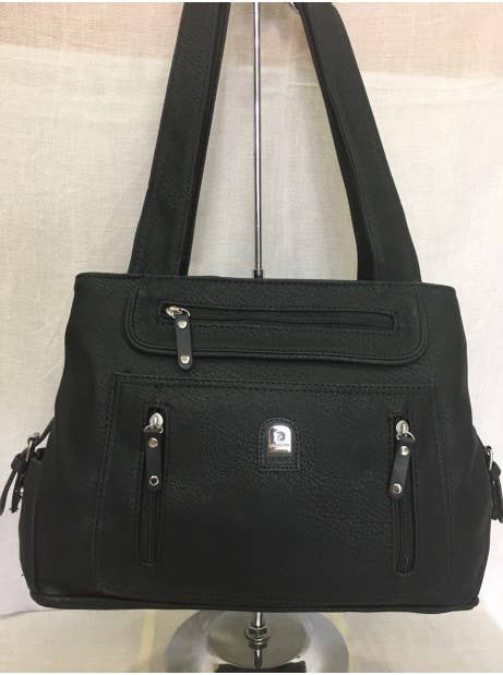 Minimalist black handbag with multiple front pockets