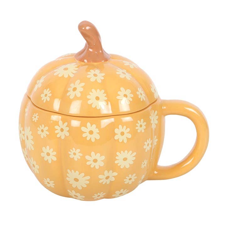 Groovy Floral Pumpkin Shaped Lidded Mug