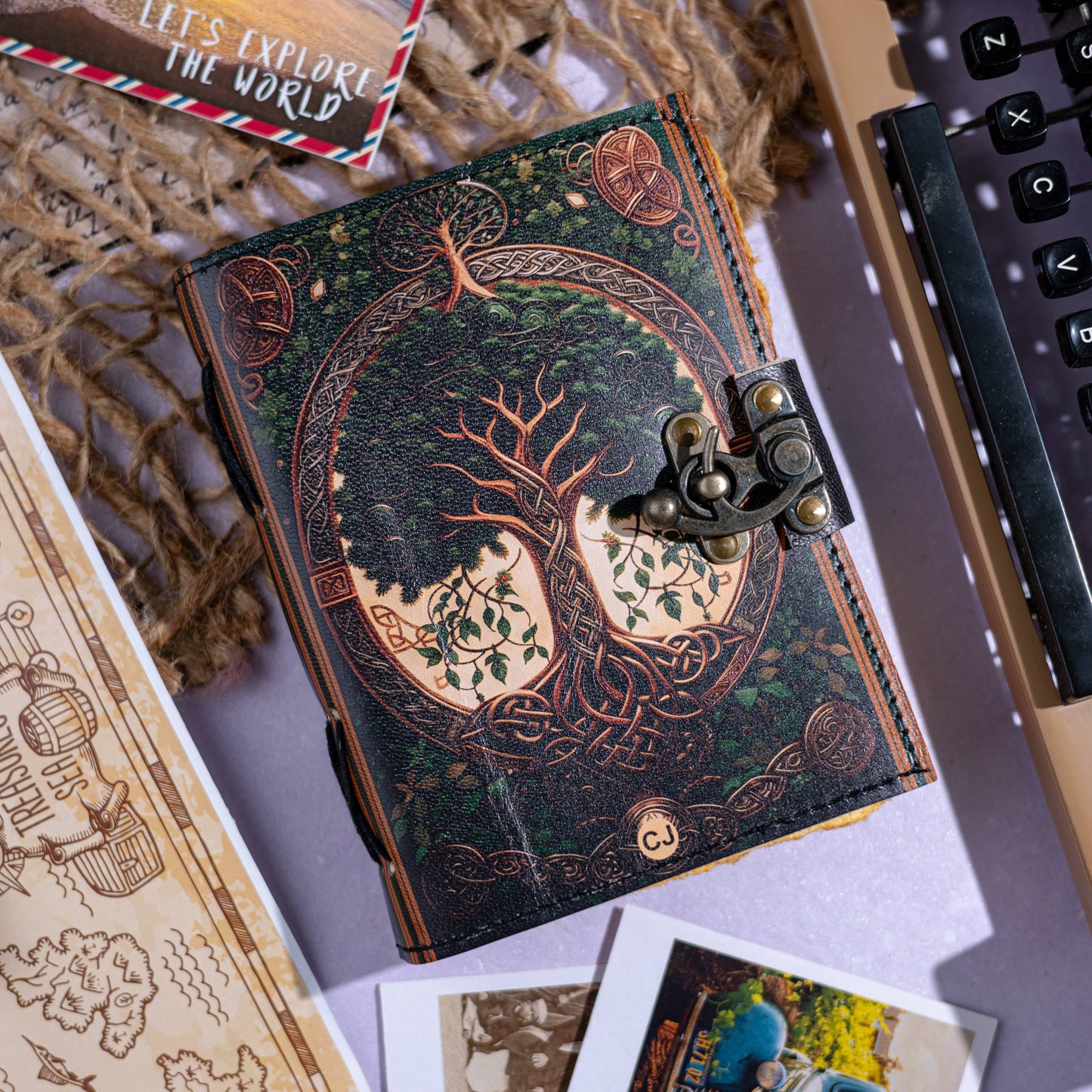 Vintage Leather Journal Notebook with Tree Print