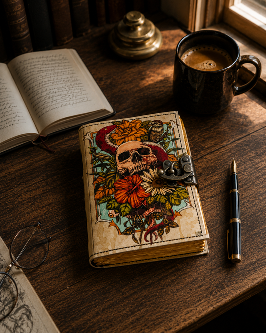 Skull Floral Rustic Leather Journal Spell Book for Gift Shop