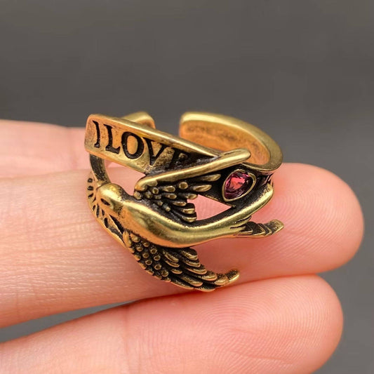 'I LOVE THEE' Heart Zircon Bronze Swallow Adjustable Ring