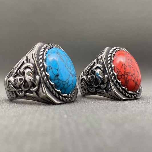 Turquoise Inlaid Skull Men's Stainless Steel Ring - MJ/MR