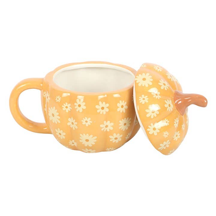 Groovy Floral Pumpkin Shaped Lidded Mug