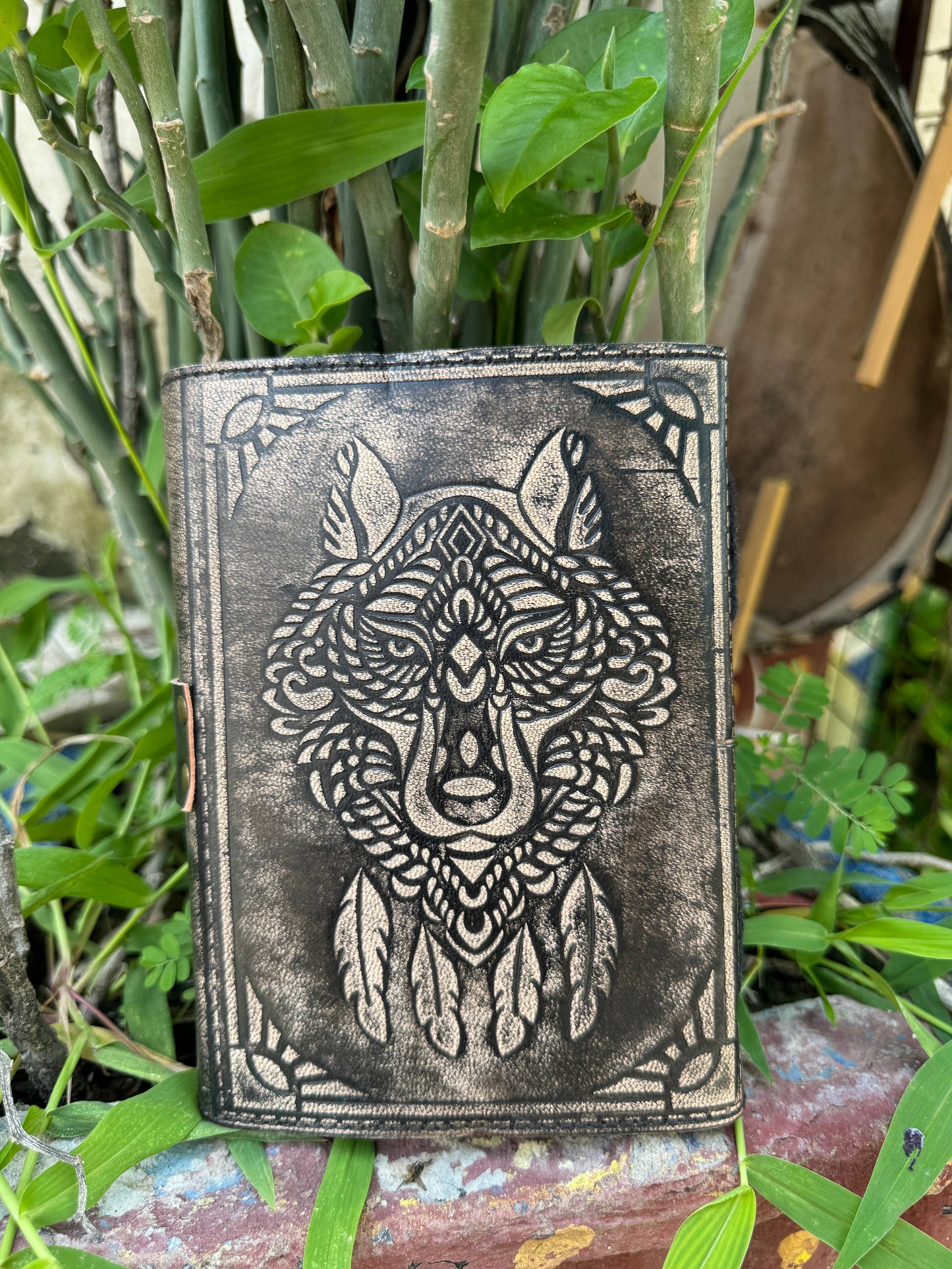 Wolf Embossed Leather Journal diary with 200 Deckle pages
