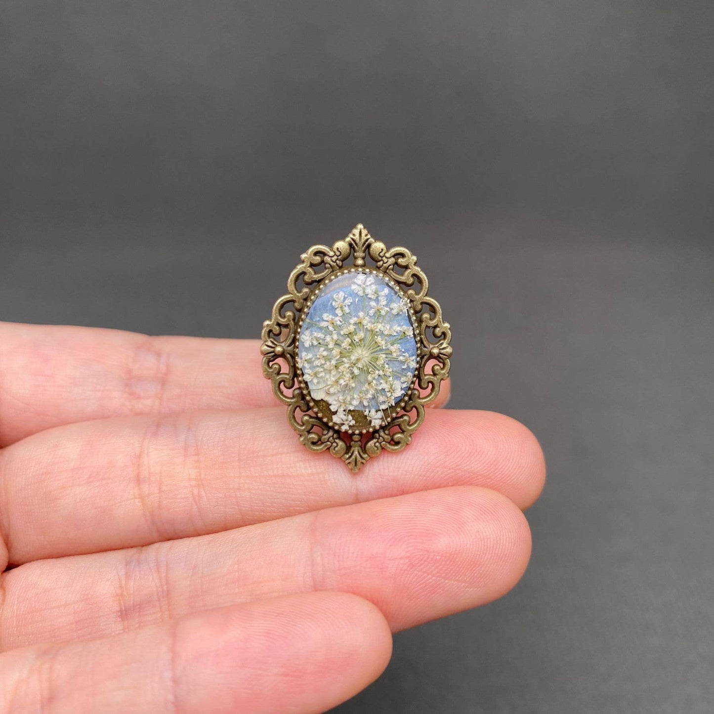 Vintage Dried Flowers Adjustable Ring