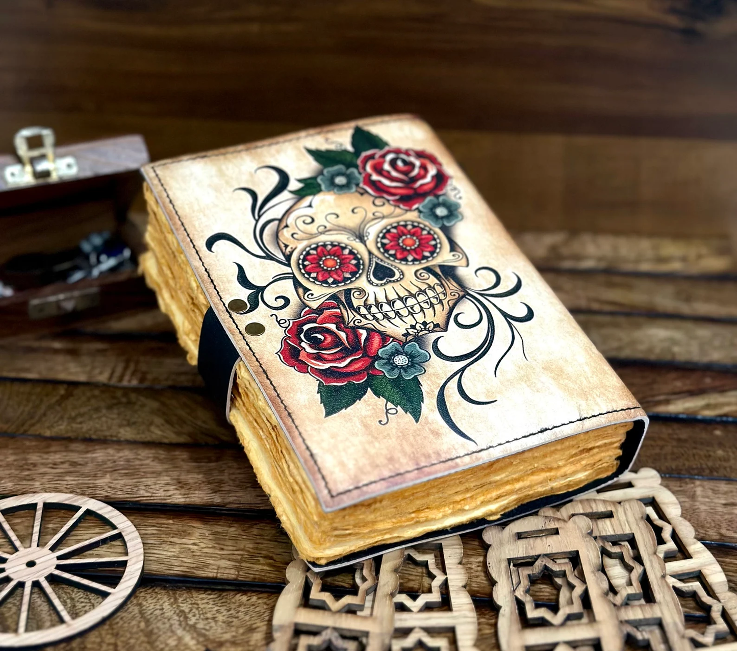 Vintage Leather Journal Grimoire with Sugar Skull Rose Print