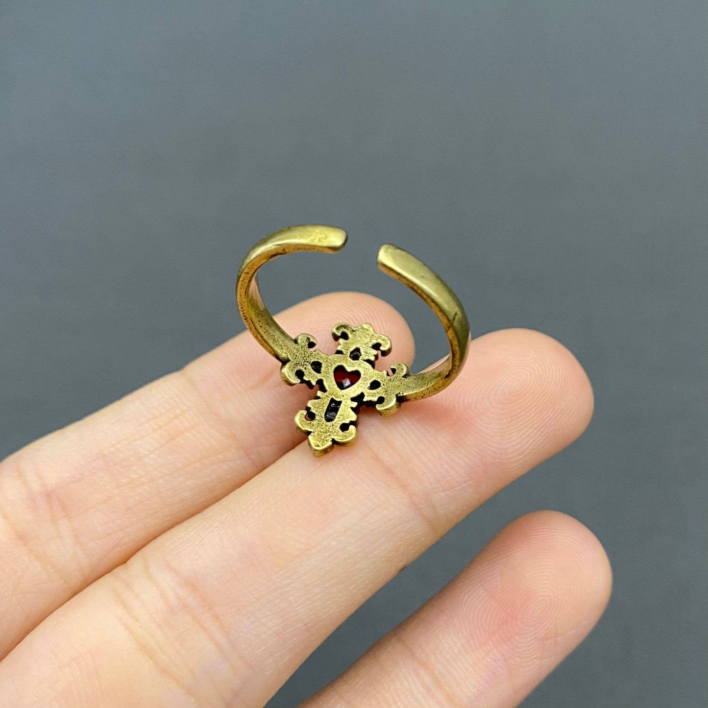 Vintage Red Rhinestone Heart Cross Bronze Adjustable Ring