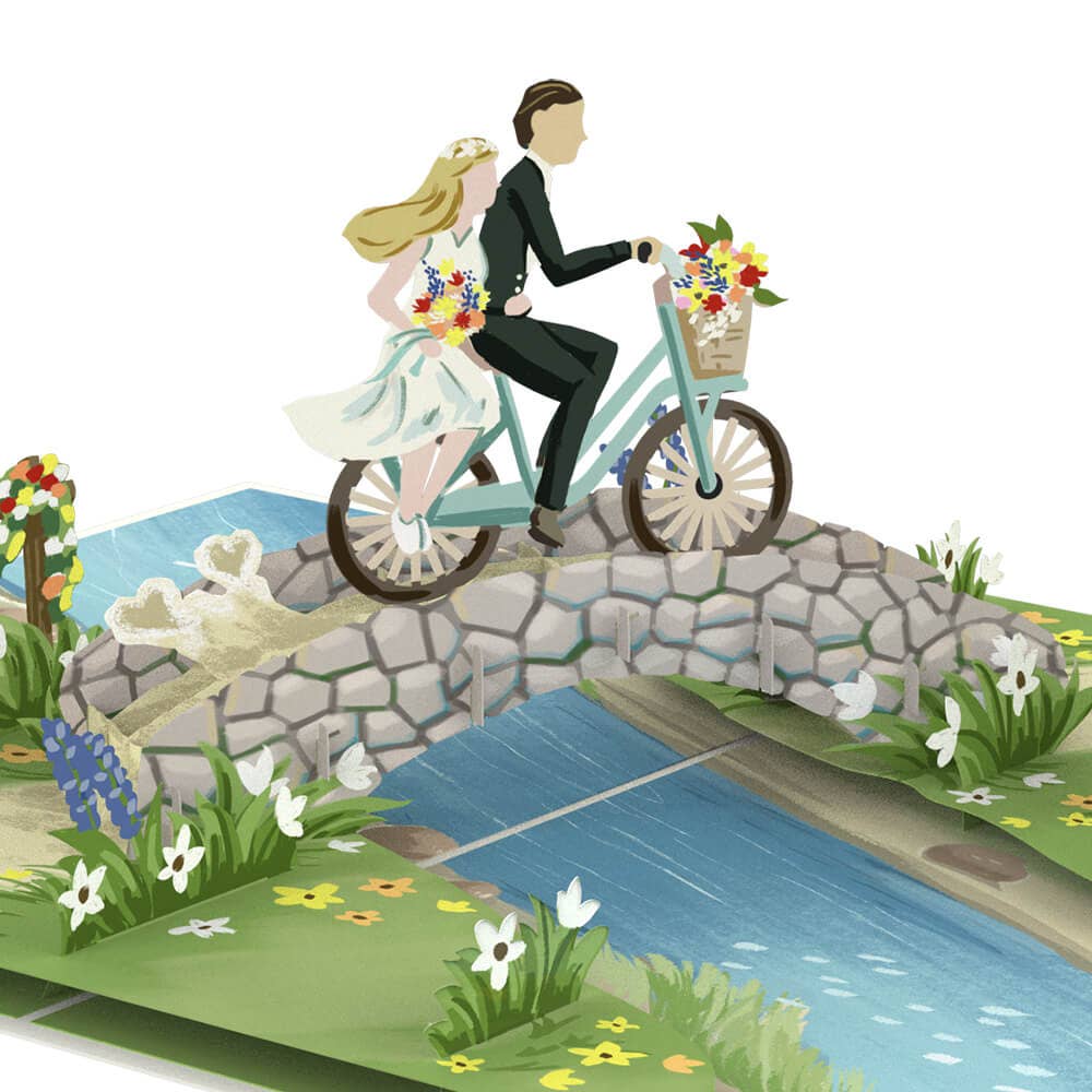 Newlyweds on bicycle pop-up card | 3D wedding card