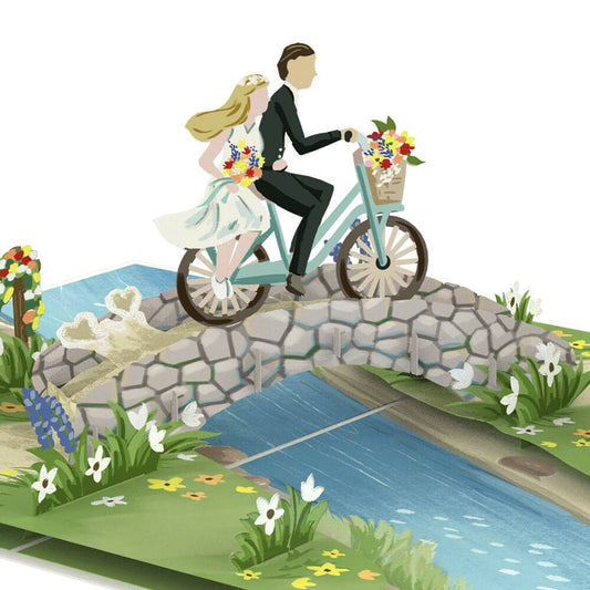 Newlyweds on bicycle pop-up card | 3D wedding card