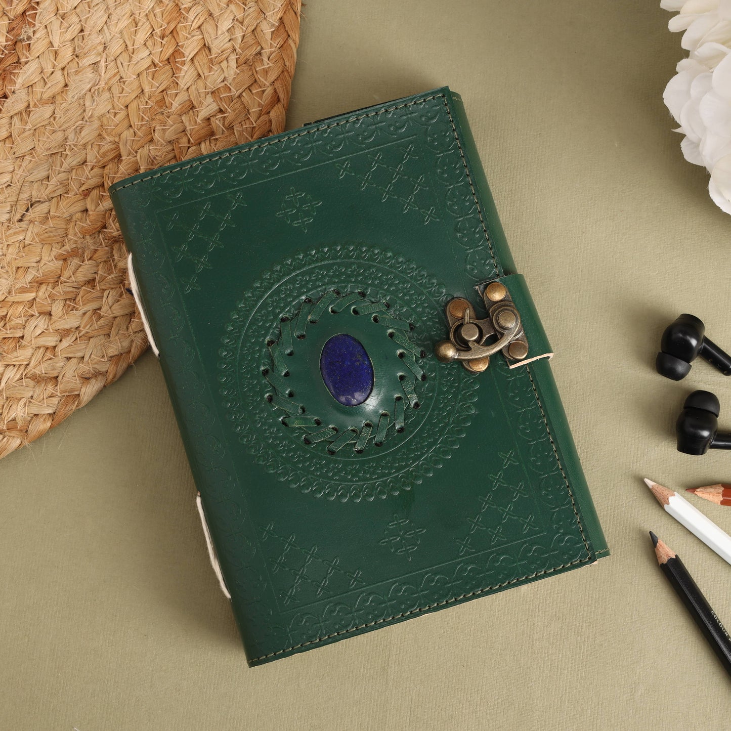 Leather Journal with Stone Mandala Embossed Travel Notebook