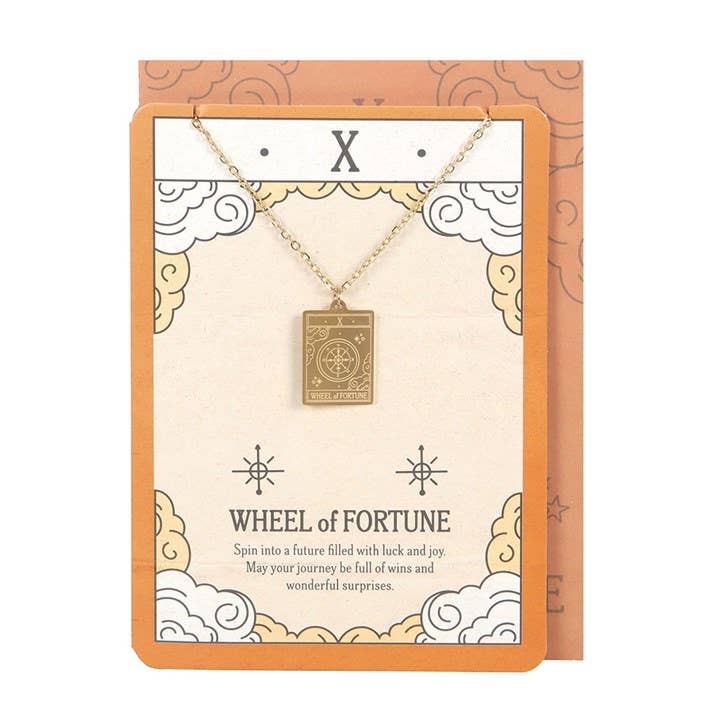 The Wheel of Fortune Vintage Tarot Card Necklace on Greeting Card