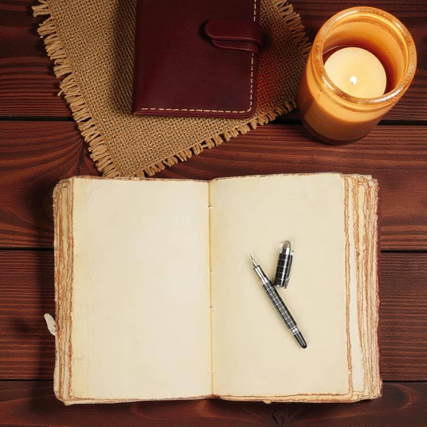 Buff-brown leather journal with a sun motif 7x5 inches