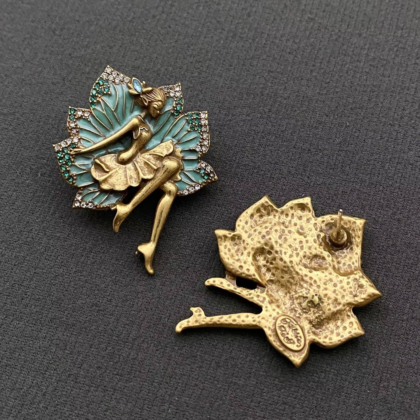 Vintage Rhinestone Enamel Fairies Stud Earrings