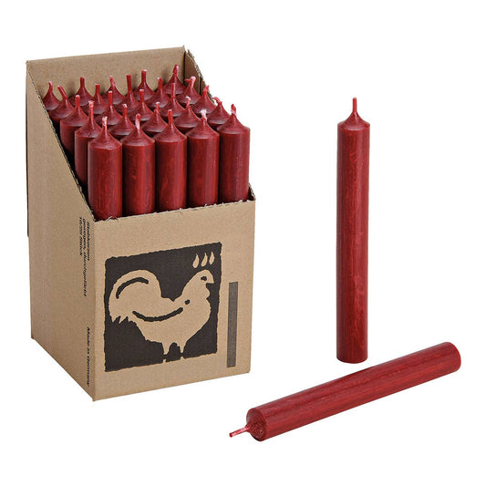Taper candle dark red solid color Ø 2x18 cm burning time approx. 8 hours.