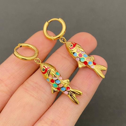 Colored Enamel Fish 18K Golden S.Steel Huggie Earrings - FGS