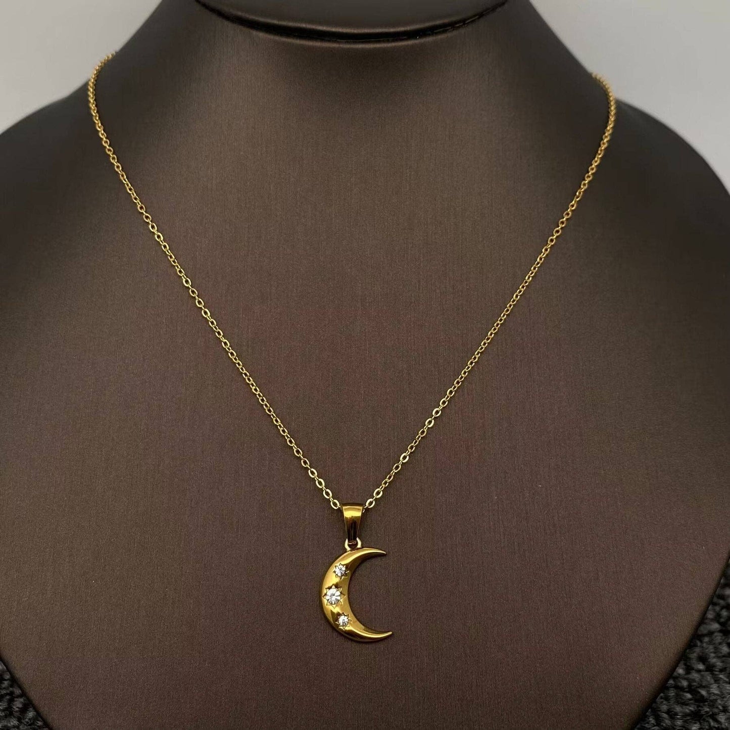 Inlaid CZ Moon Charm 18K Golden S.Steel Necklace - FGS/MS