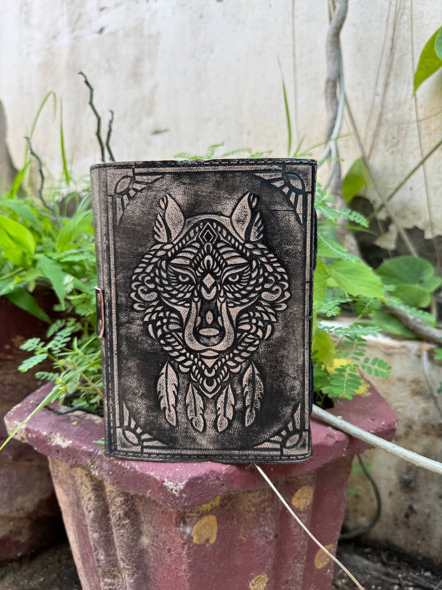 Wolf Embossed Leather Journal diary with 200 Deckle pages